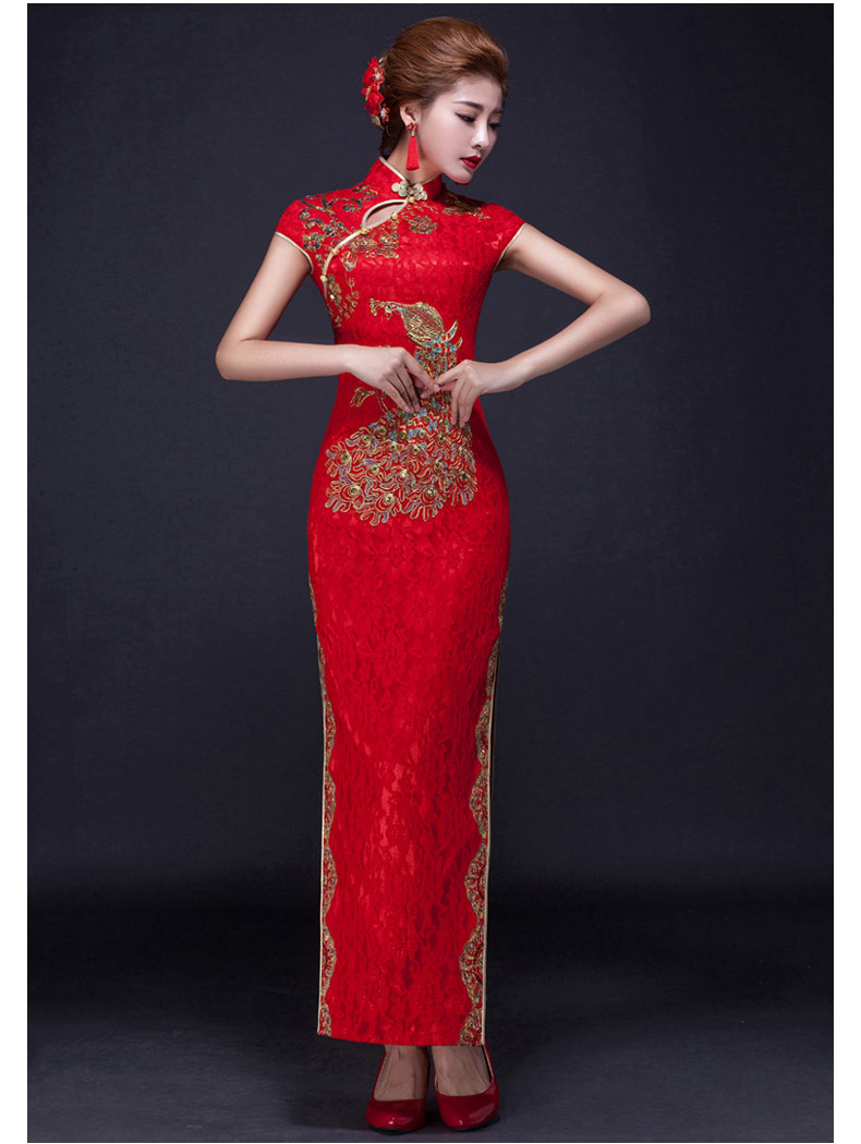 匠心啟航閱讀鳳凰刺繡旗袍，復(fù)古紅色斜襟開叉旗袍裙