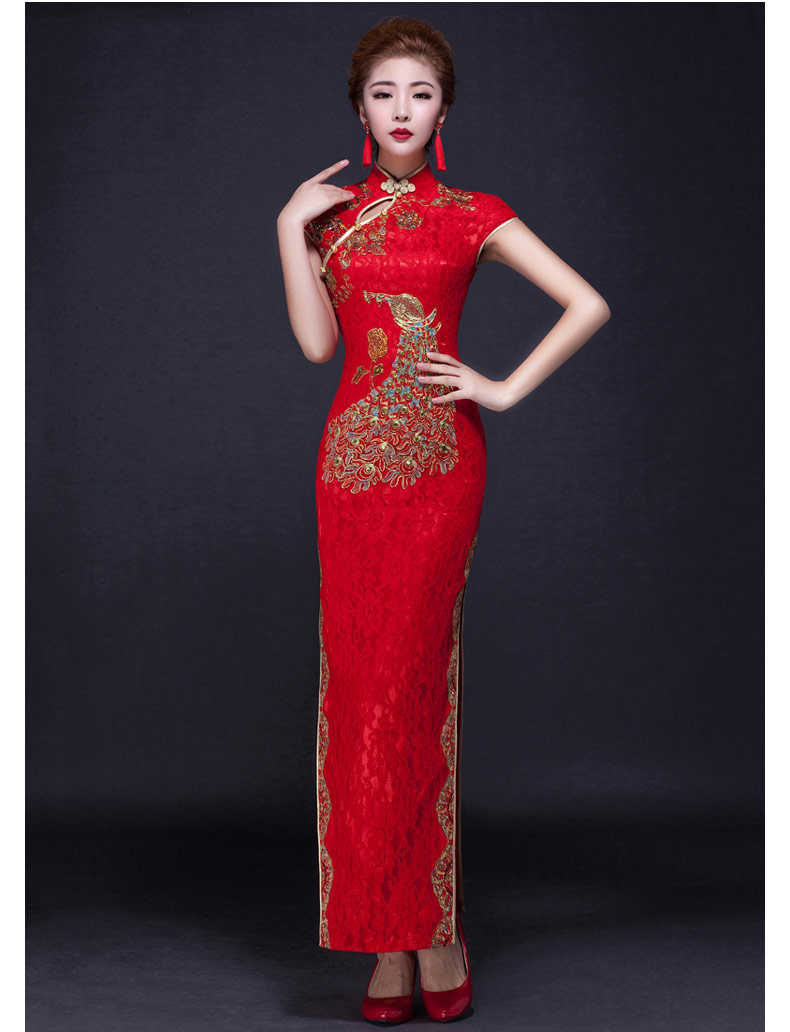 匠心啟航閱讀鳳凰刺繡旗袍，復(fù)古紅色斜襟開叉旗袍裙