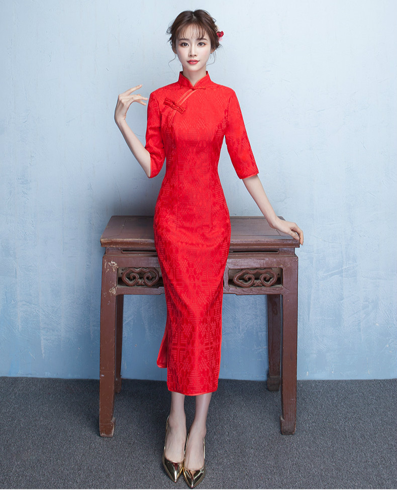 簡約時尚中袖旗袍，復(fù)古紅色旗袍裙