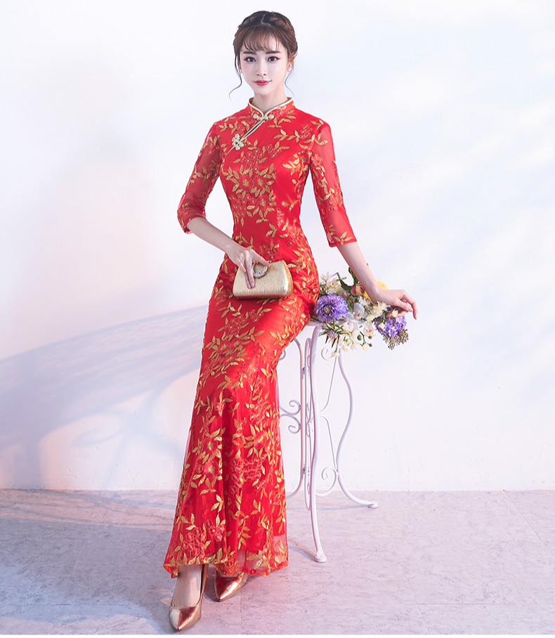 金絲葉子繡花旗袍，復古紅色旗袍裙