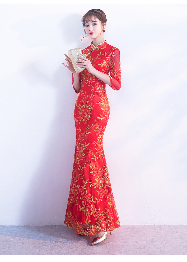 金絲葉子繡花旗袍，復古紅色旗袍裙