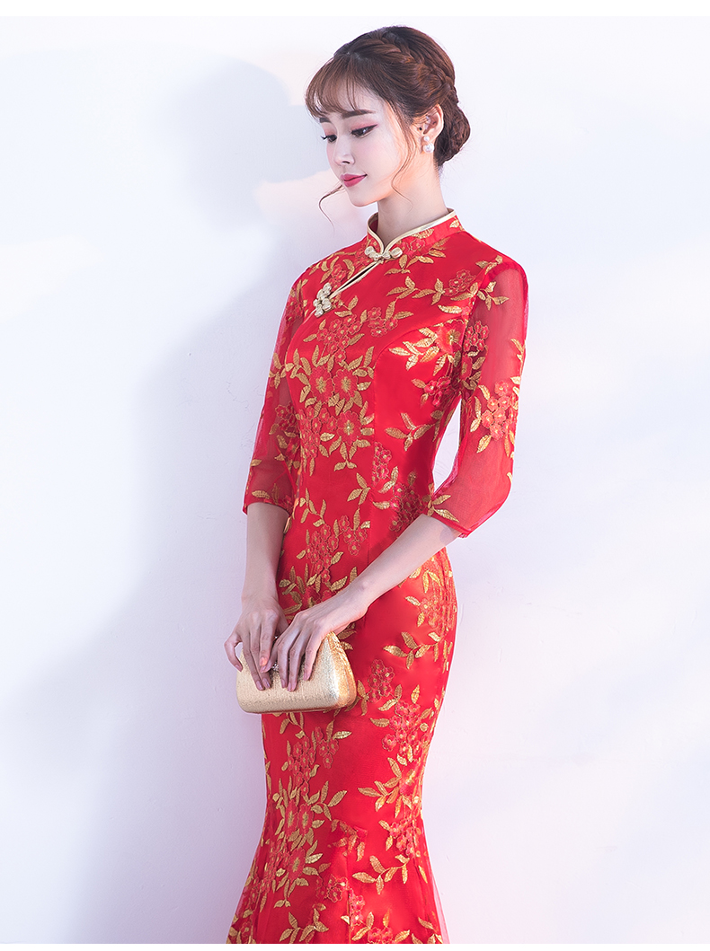 金絲葉子繡花旗袍，復古紅色旗袍裙