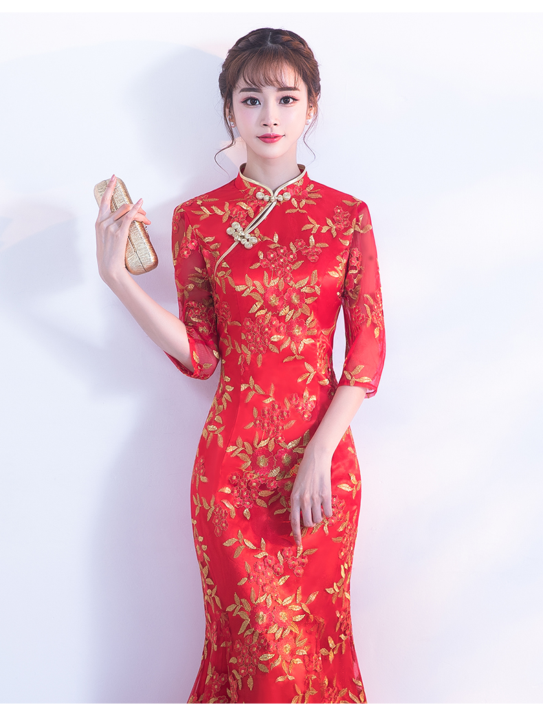 金絲葉子繡花旗袍，復古紅色旗袍裙