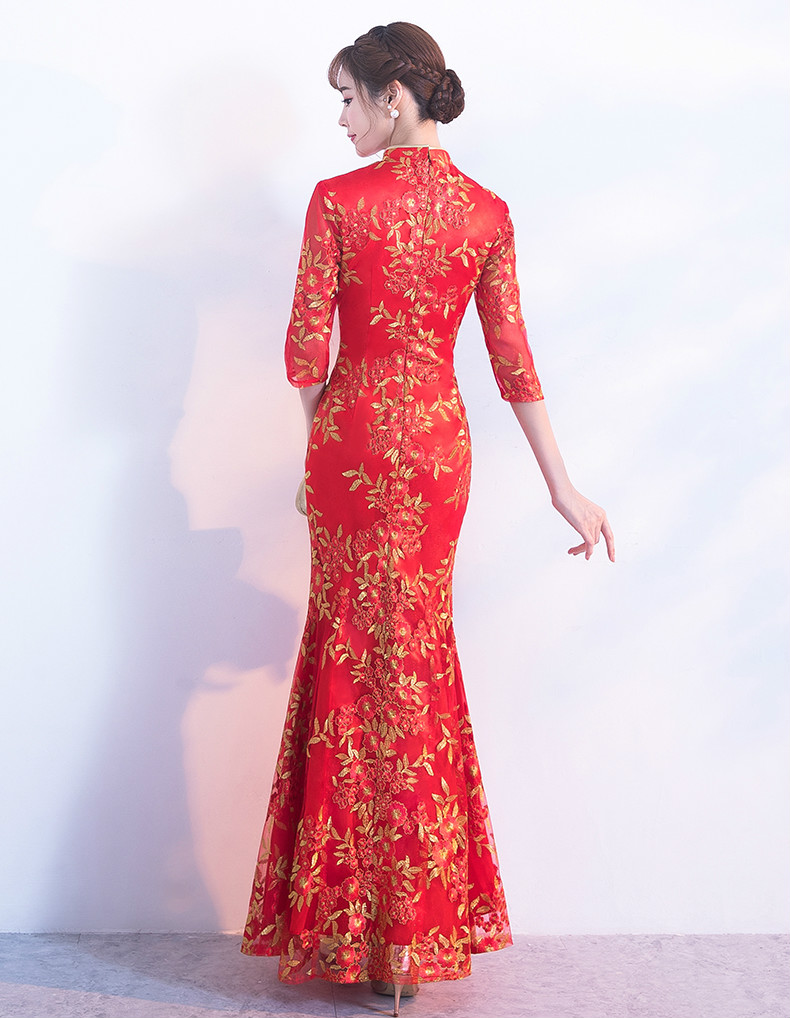 金絲葉子繡花旗袍，復古紅色旗袍裙