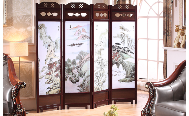 匠心啟航閱讀實(shí)木古典屏風(fēng)隔斷，山水畫(huà)中式屏風(fēng)