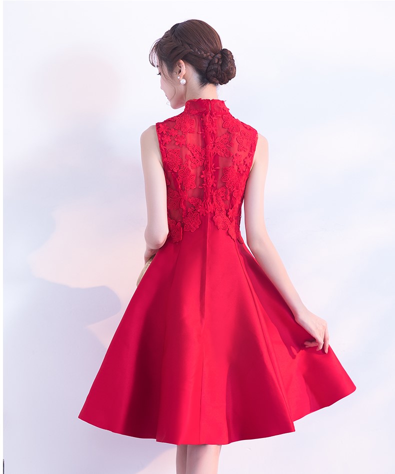 時(shí)尚無袖中式禮服，蕾絲繡花短款晚禮服
