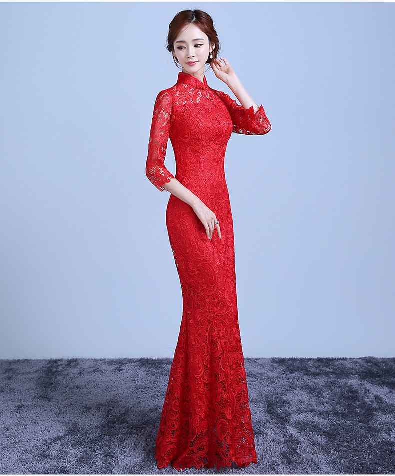 魚(yú)尾蕾絲裙擺中式禮服，復(fù)古氣質(zhì)晚禮服