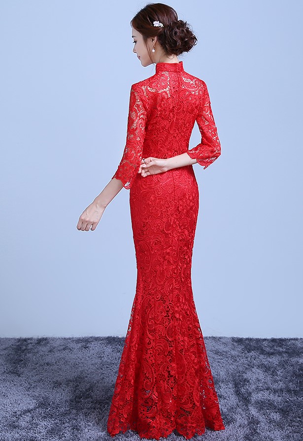 魚(yú)尾蕾絲裙擺中式禮服，復(fù)古氣質(zhì)晚禮服