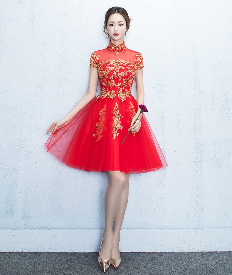 蕾絲復(fù)古立領(lǐng)中式禮服，時(shí)尚優(yōu)雅網(wǎng)紗晚禮服