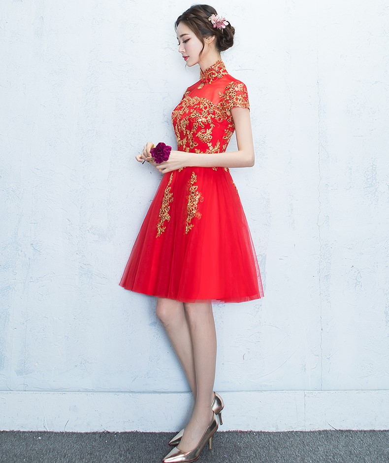 蕾絲復(fù)古立領(lǐng)中式禮服，時(shí)尚優(yōu)雅網(wǎng)紗晚禮服