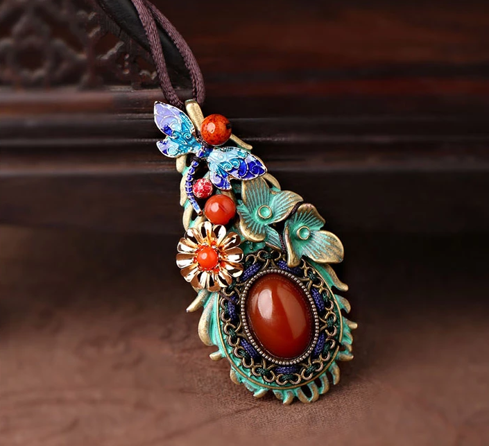 復古彩色羽毛花朵毛衣鏈，民族風項鏈首飾