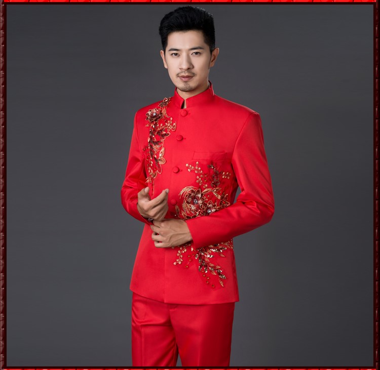 亮片立體花朵中式主持禮服，男士改良中山裝