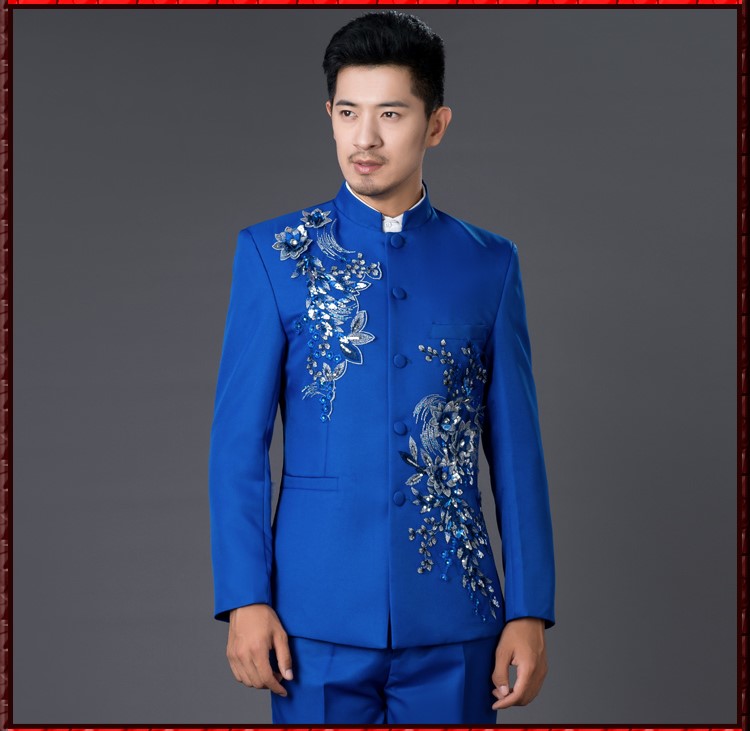 亮片立體花朵中式主持禮服，男士改良中山裝