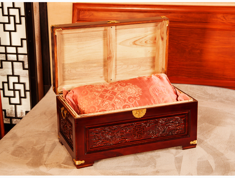 美觀實用雙喜樟木箱，精美雕花木箱子