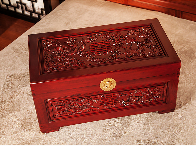 美觀實用雙喜樟木箱，精美雕花木箱子
