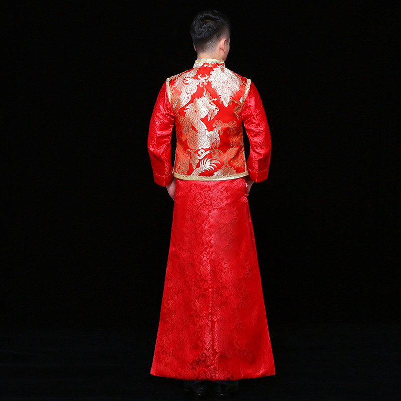 金龍刺繡馬褂男士中式禮服，時(shí)尚新郎禮服
