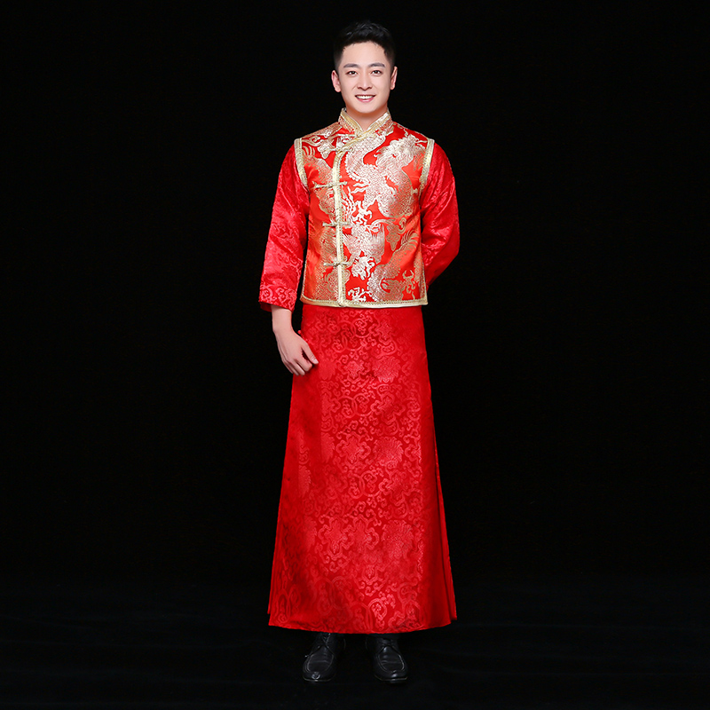 金龍刺繡馬褂男士中式禮服，時(shí)尚新郎禮服