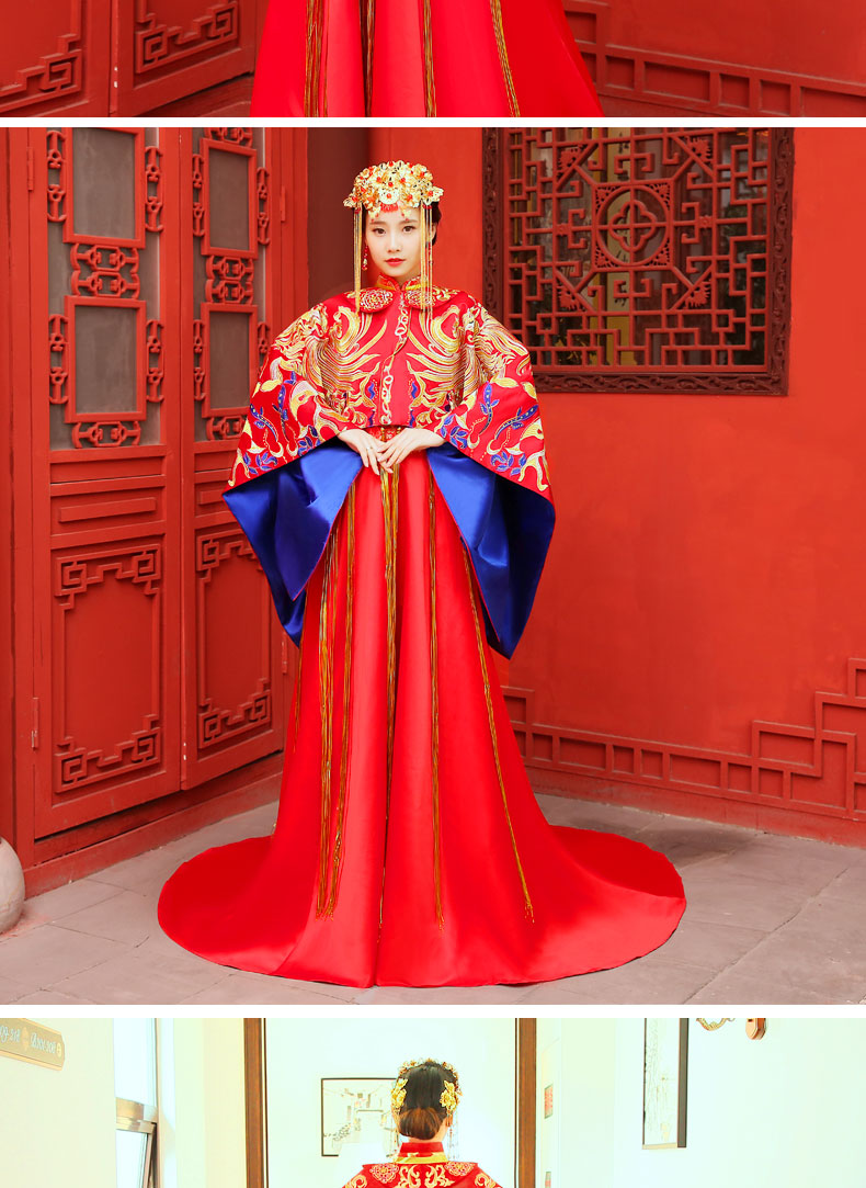 古典高貴刺繡新娘禮服，拖尾結(jié)婚中式禮服