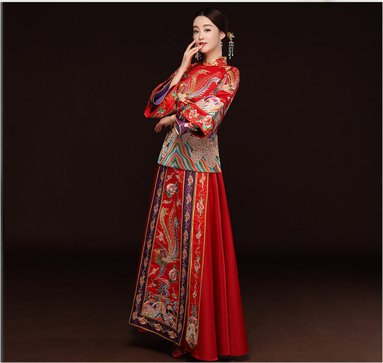 精美鳳凰斜襟新娘禮服，奢華刺繡中式禮服