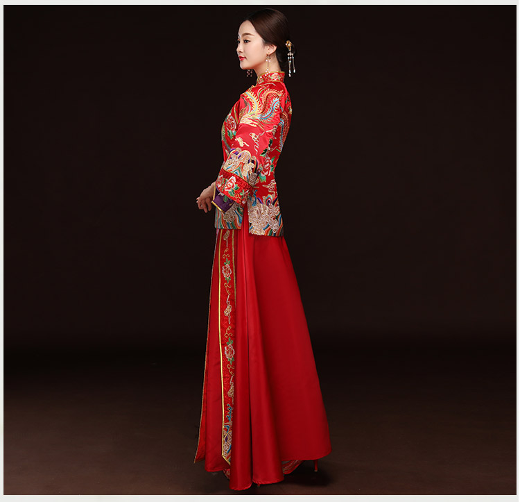 精美鳳凰斜襟新娘禮服，奢華刺繡中式禮服