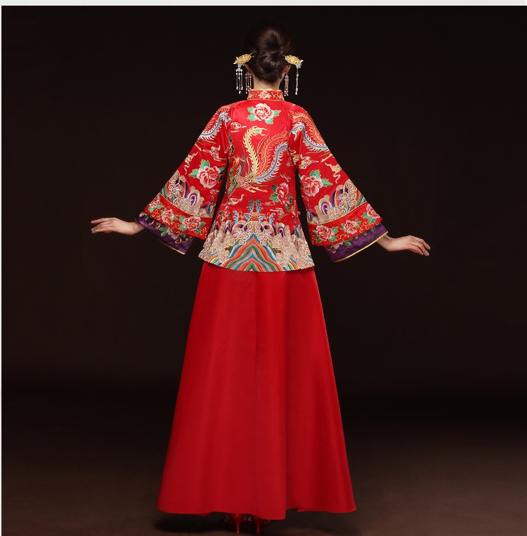 精美鳳凰斜襟新娘禮服，奢華刺繡中式禮服
