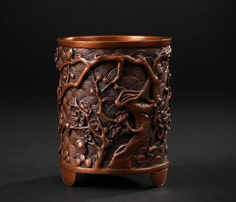 仿古梅花紋筆筒，文房四寶擺件