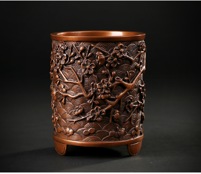 仿古梅花紋筆筒，文房四寶擺件