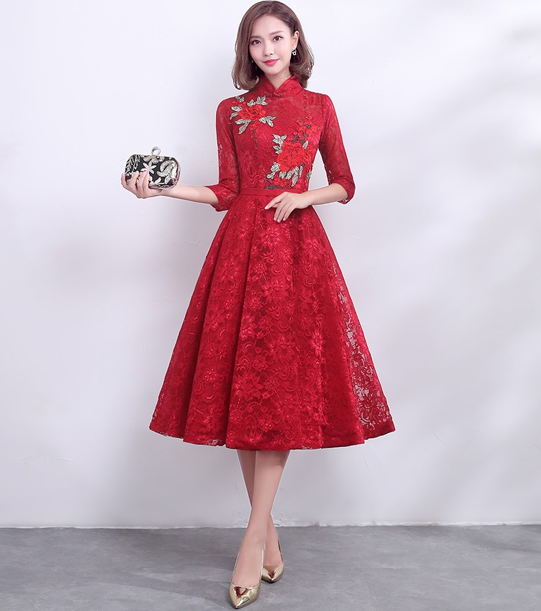 復(fù)古時(shí)尚中式禮服，匠心啟航閱讀紅色七分袖晚禮服