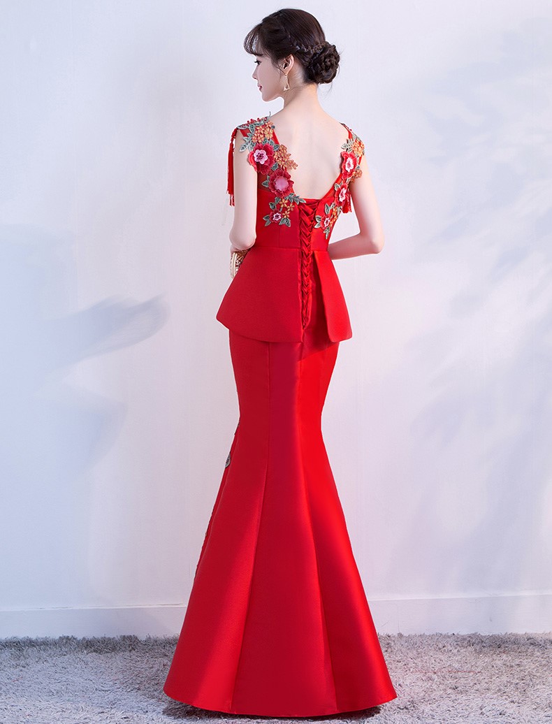 紅色顯瘦長(zhǎng)款中式禮服，匠心啟航閱讀魚尾晚禮服