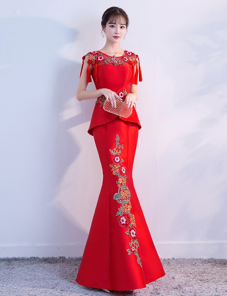 紅色顯瘦長(zhǎng)款中式禮服，匠心啟航閱讀魚尾晚禮服