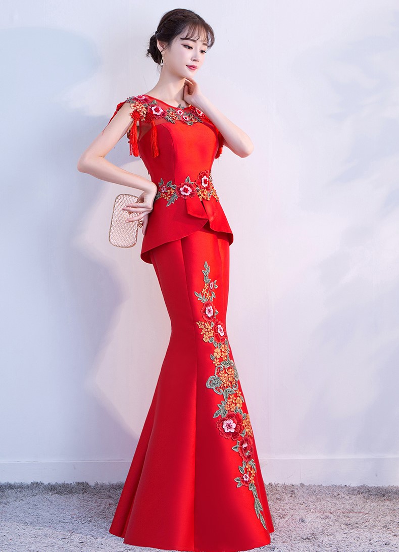 紅色顯瘦長(zhǎng)款中式禮服，匠心啟航閱讀魚尾晚禮服