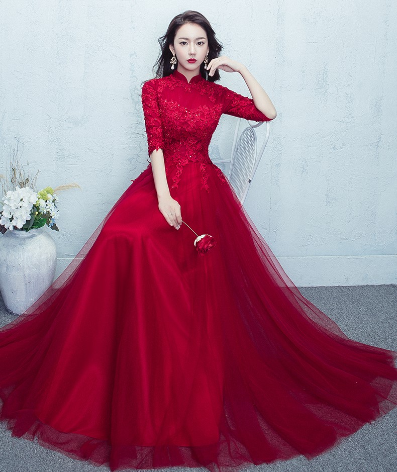 紅色蕾絲網(wǎng)紗裙中式禮服，優(yōu)雅修身晚禮服