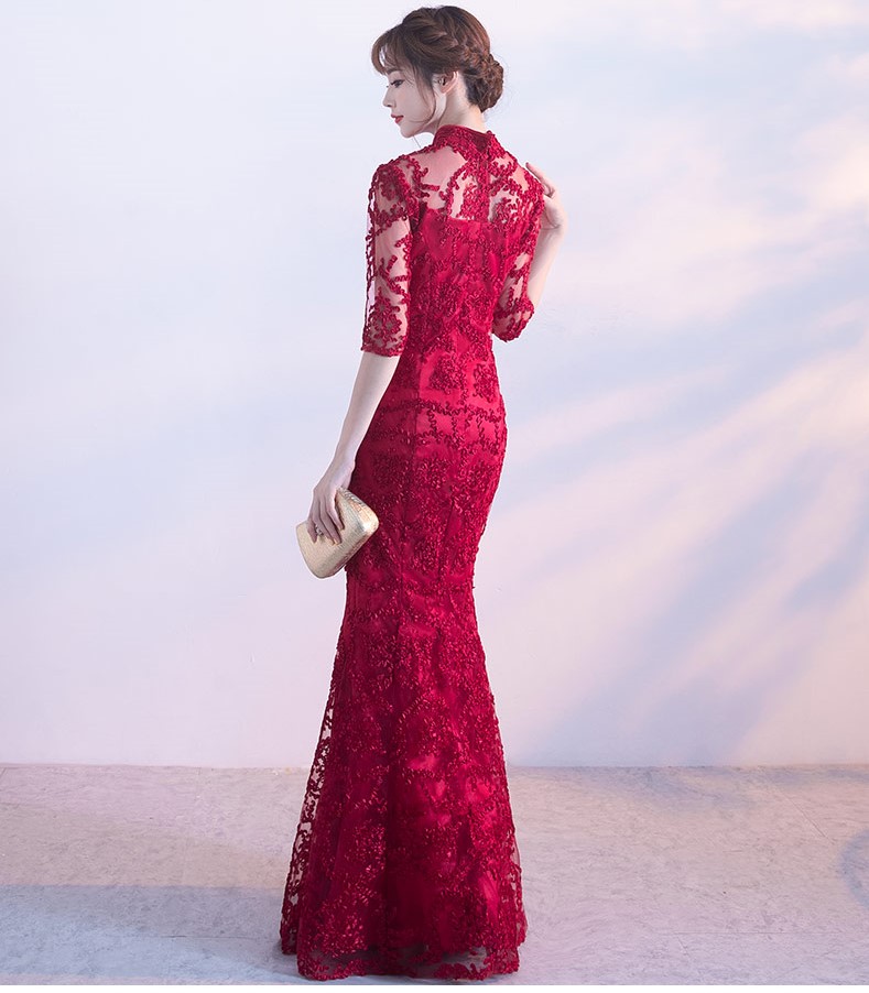 精致復(fù)古中式禮服，蕾絲魚尾晚禮服