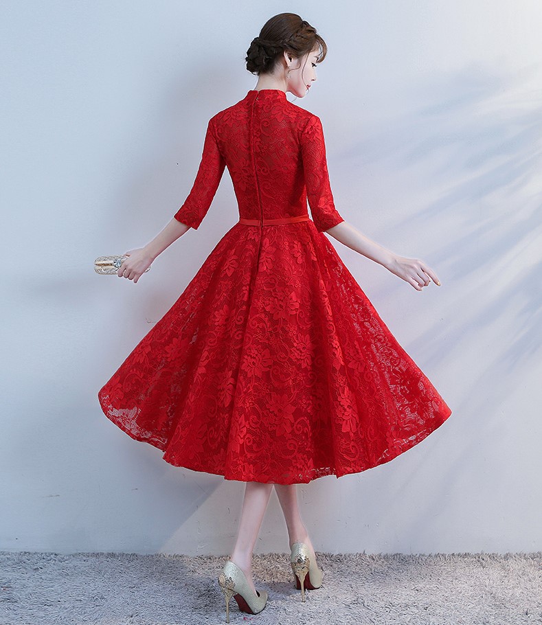 復古立領中式禮服，蕾絲中袖晚禮服