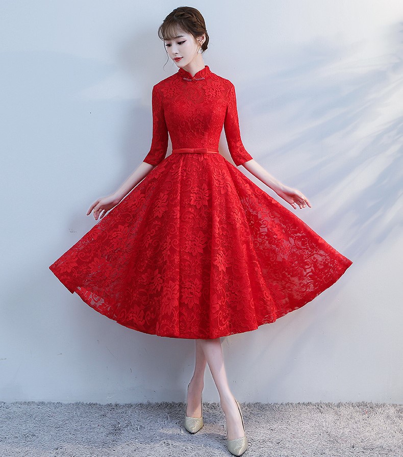復古立領中式禮服，蕾絲中袖晚禮服