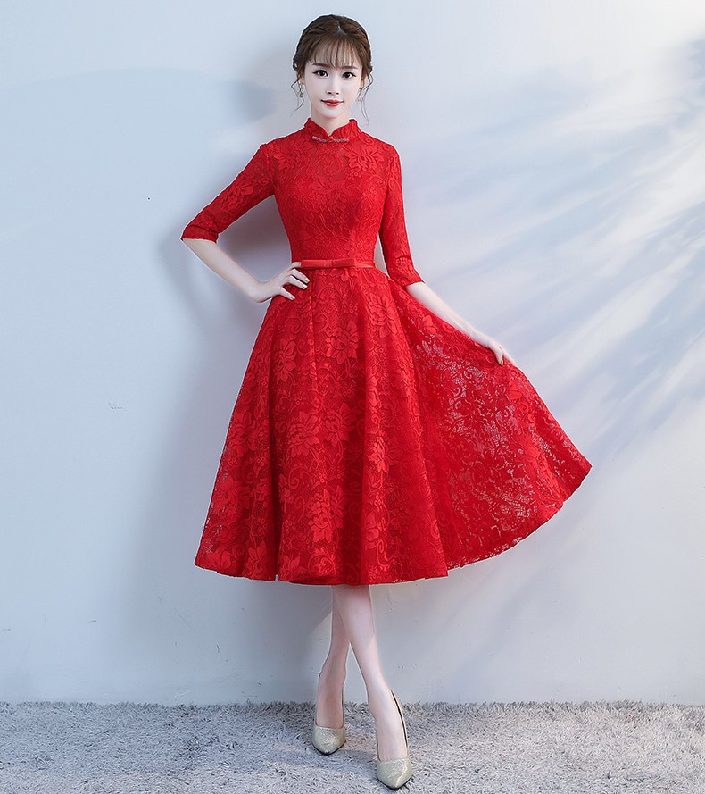 復古立領中式禮服，蕾絲中袖晚禮服