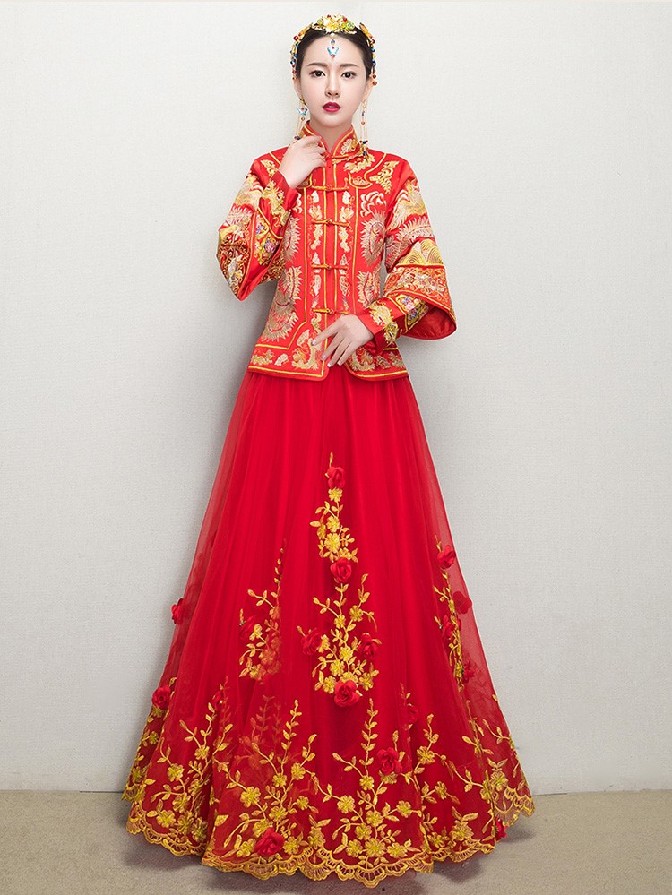 復(fù)古龍鳳褂中式禮服，蕾絲網(wǎng)紗裙新娘結(jié)婚禮服