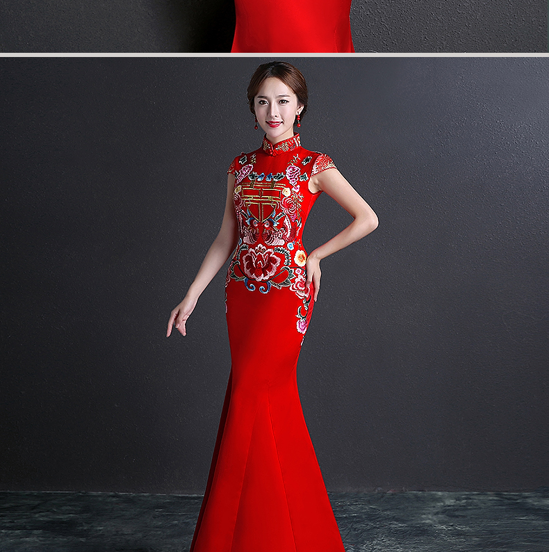 雙喜繡花中式禮服，魚(yú)尾修身晚禮服