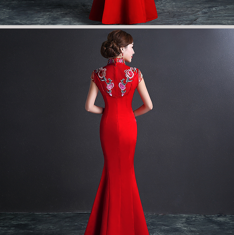 雙喜繡花中式禮服，魚(yú)尾修身晚禮服