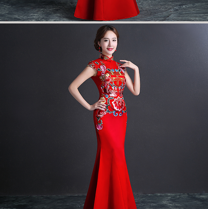雙喜繡花中式禮服，魚(yú)尾修身晚禮服