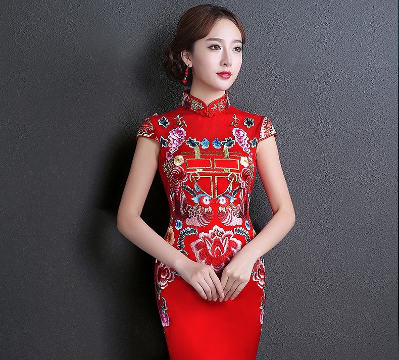 雙喜繡花中式禮服，魚(yú)尾修身晚禮服