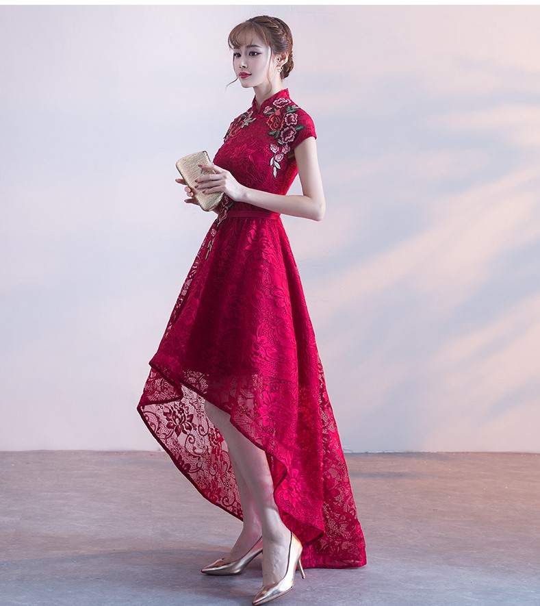 端莊優(yōu)雅中式禮服，前短后長(zhǎng)晚禮服