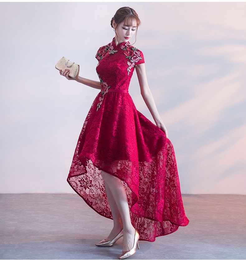 端莊優(yōu)雅中式禮服，前短后長(zhǎng)晚禮服