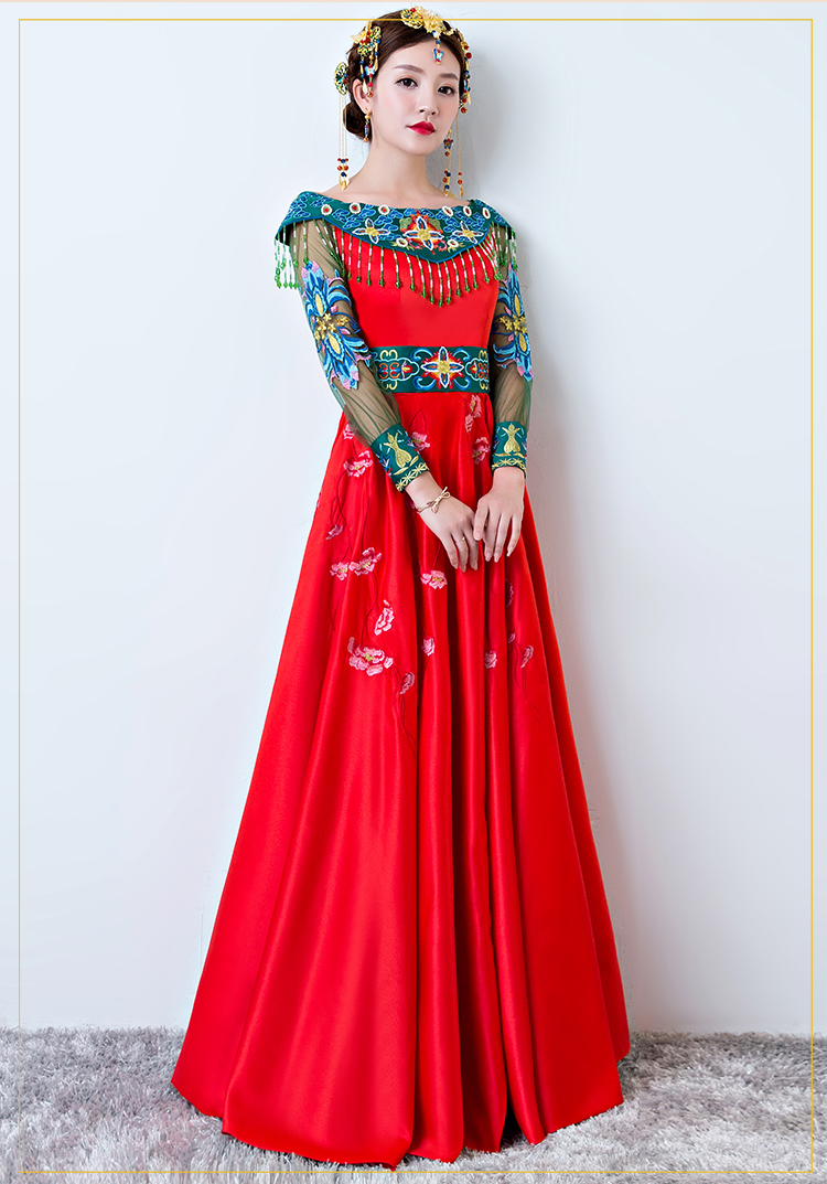 時(shí)尚一字肩中式禮服，復(fù)古匠心啟航閱讀新娘禮服