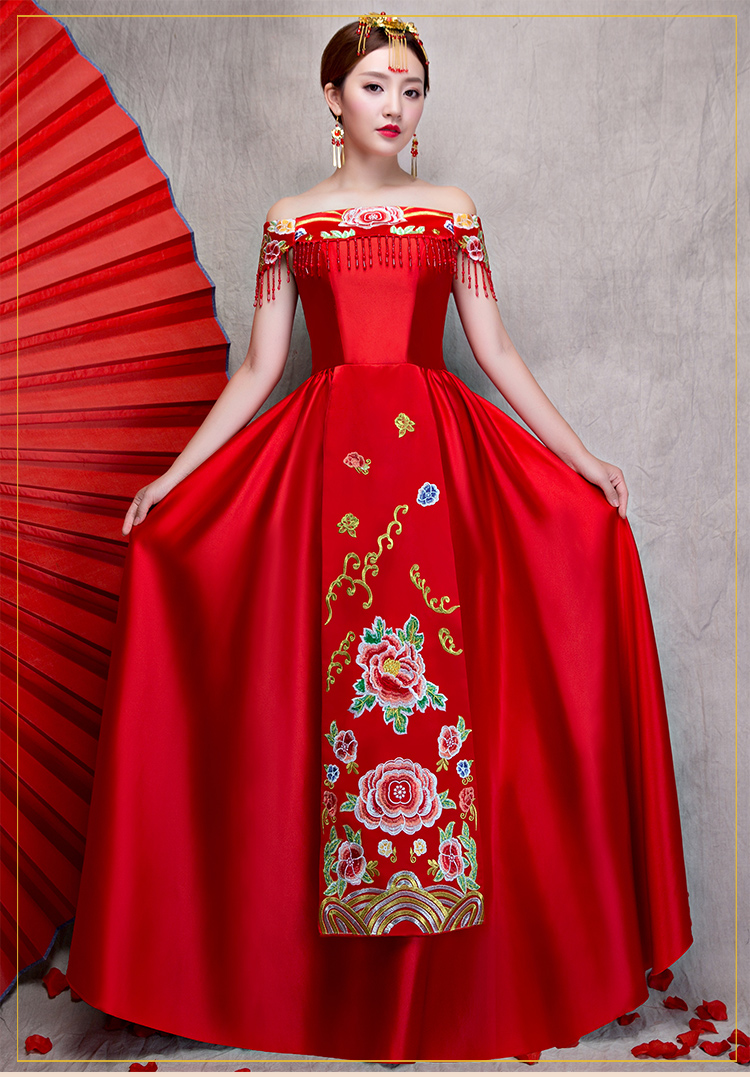 時尚一字肩無袖中式禮服，匠心啟航閱讀新娘禮服