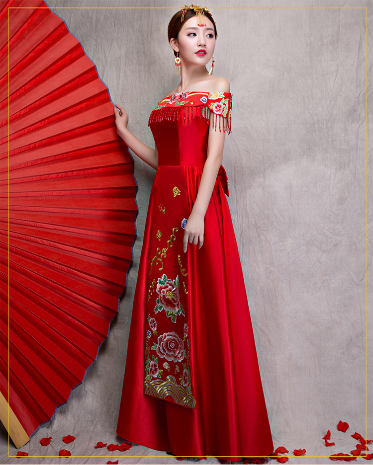 時尚一字肩無袖中式禮服，匠心啟航閱讀新娘禮服