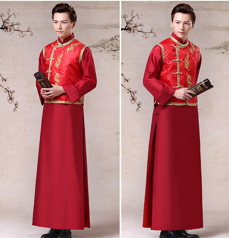 匠心啟航閱讀祥云圖案新郎禮服，長(zhǎng)袍褂衣中式禮服