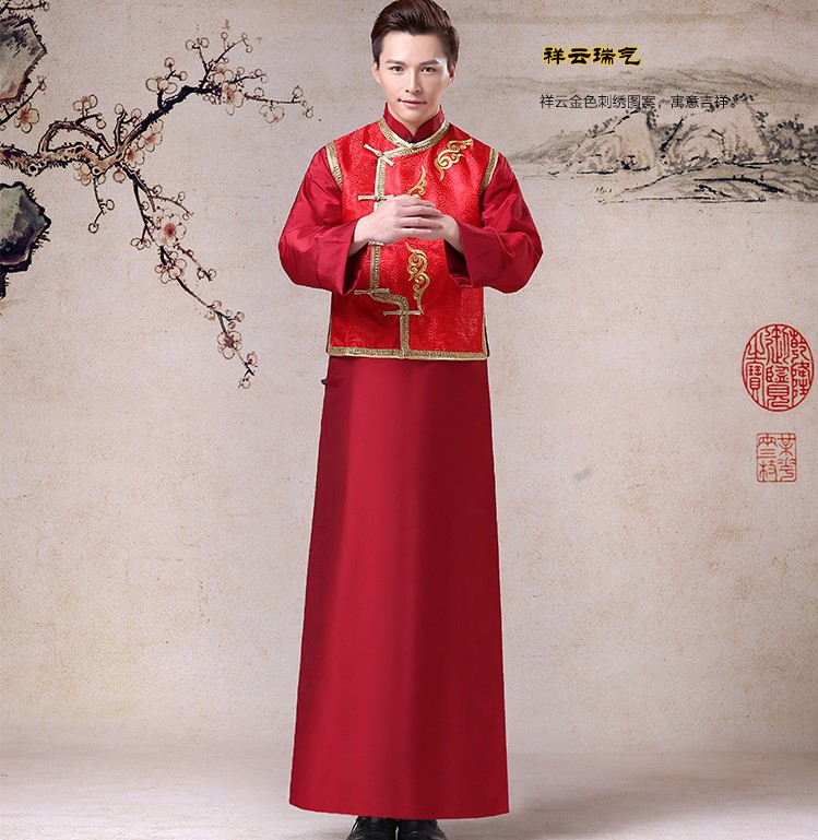 匠心啟航閱讀祥云圖案新郎禮服，長(zhǎng)袍褂衣中式禮服