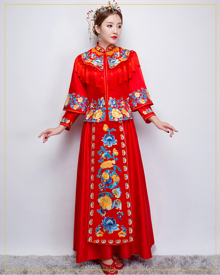 牡丹繡花流蘇新娘禮服，時尚氣質(zhì)中式禮服