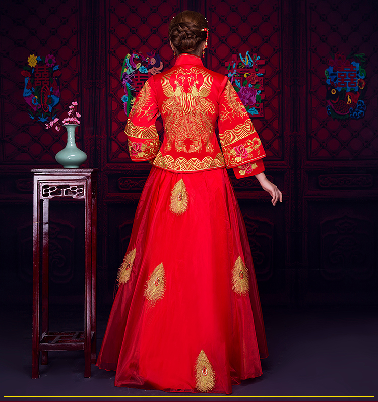 羽毛繡花蕾絲裙新娘禮服，時尚中式禮服